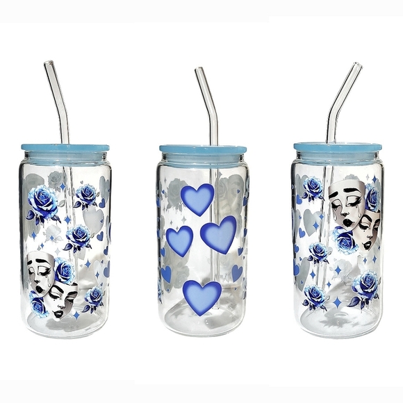 Hand Crafted Other - Smile Now Cry Later Roses Glass Tumbler Cup 16oz Blue